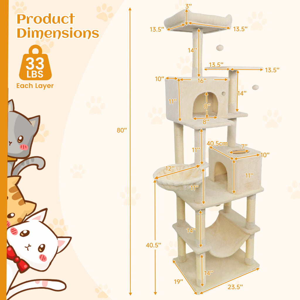 80 Inch Tall Cat Tree with 2 Large Condos and Dangling Toys - Beige Variation