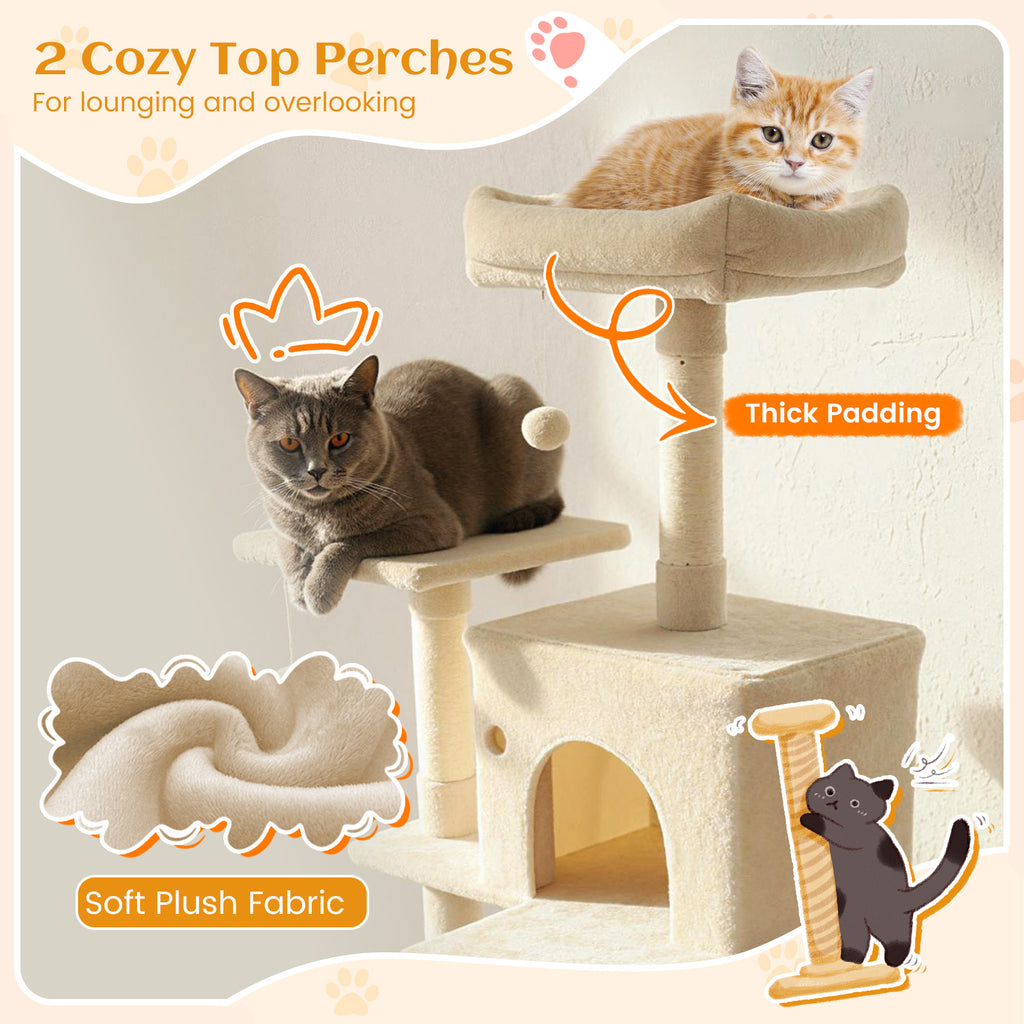 80 Inch Tall Cat Tree with 2 Large Condos and Dangling Toys - Beige Variation