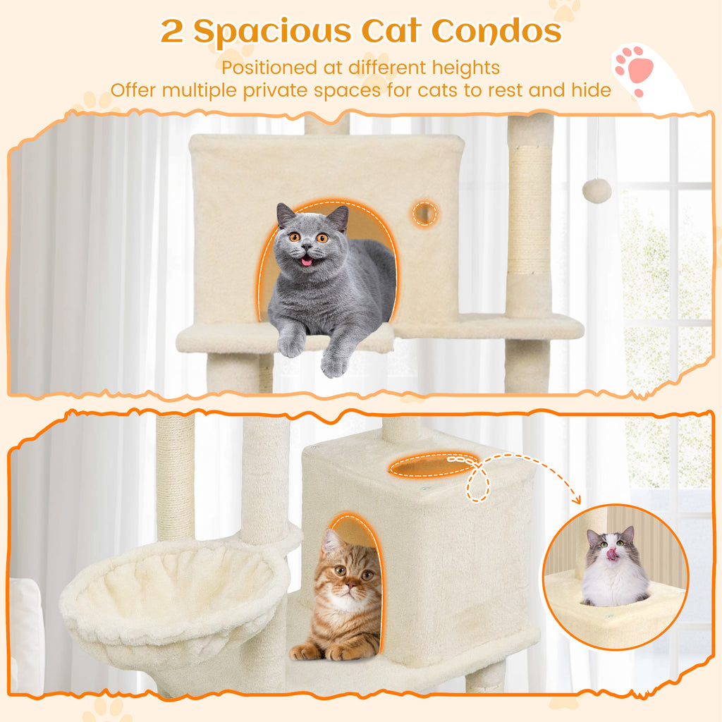80 Inch Tall Cat Tree with 2 Large Condos and Dangling Toys - Beige Variation