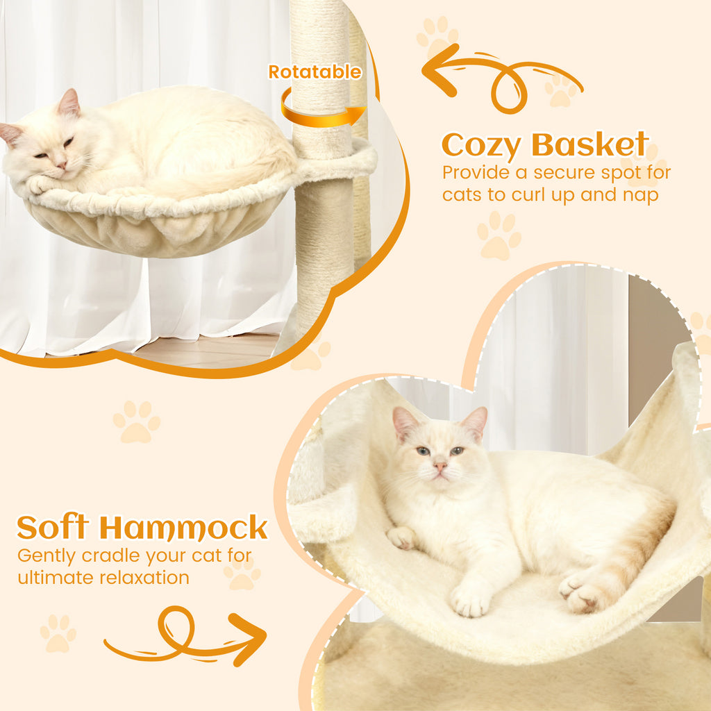 80 Inch Tall Cat Tree with 2 Large Condos and Dangling Toys - Beige Variation