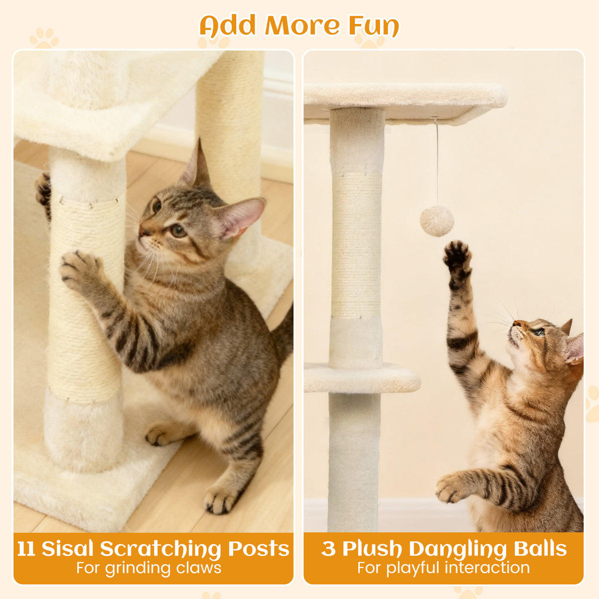 80 Inch Tall Cat Tree with 2 Large Condos and Dangling Toys - Beige Variation
