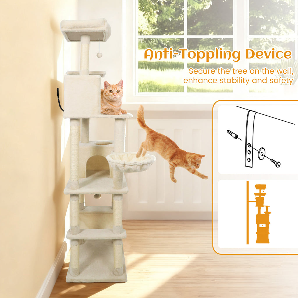 80 Inch Tall Cat Tree with 2 Large Condos and Dangling Toys - Beige Variation