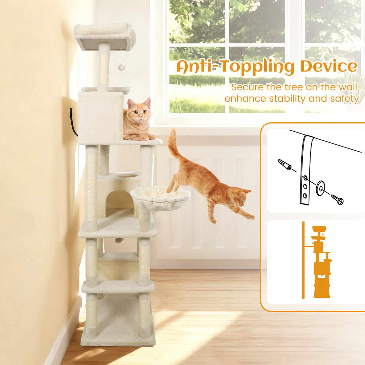 80 Inch Tall Cat Tree with 2 Large Condos and Dangling Toys - Beige Variation