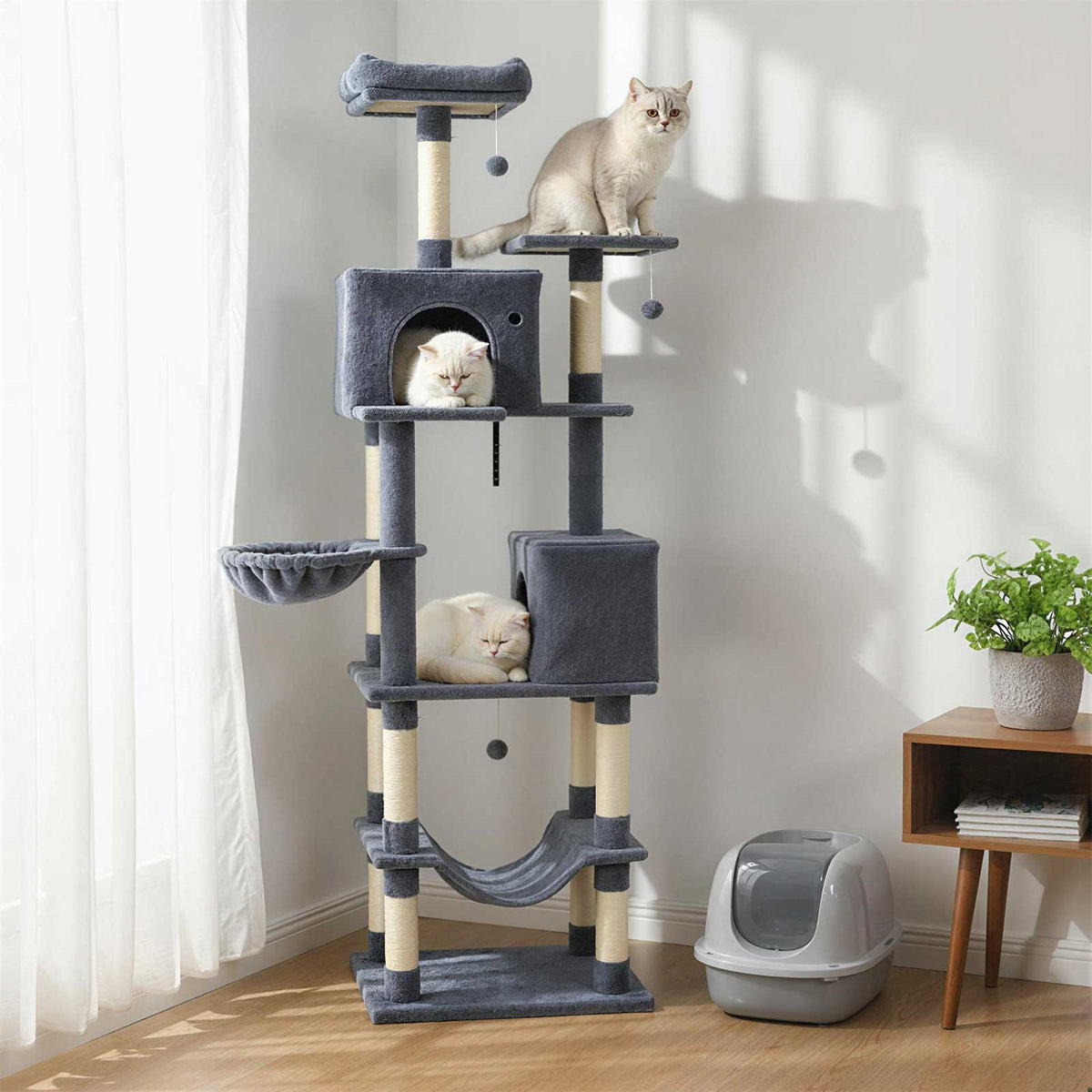 80 Inch Tall Cat Tree with 2 Large Condos, Dangling Toys & Wall Secures - Dark Gray