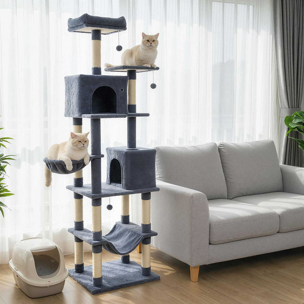 80 Inch Tall Cat Tree with 2 Large Condos, Dangling Toys & Wall Secures - Dark Gray