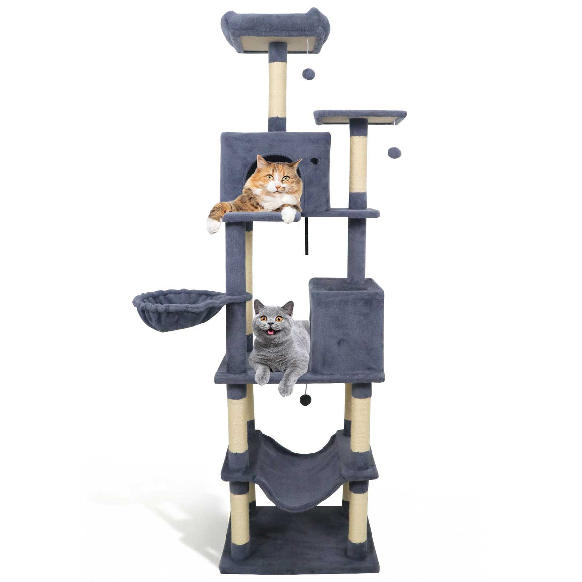 80 Inch Tall Cat Tree with 2 Large Condos, Dangling Toys & Wall Secures - Dark Gray