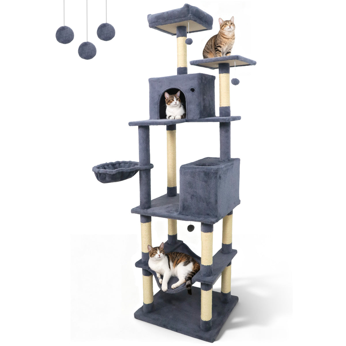 80 Inch Tall Cat Tree with 2 Large Condos, Dangling Toys & Wall Secures - Dark Gray