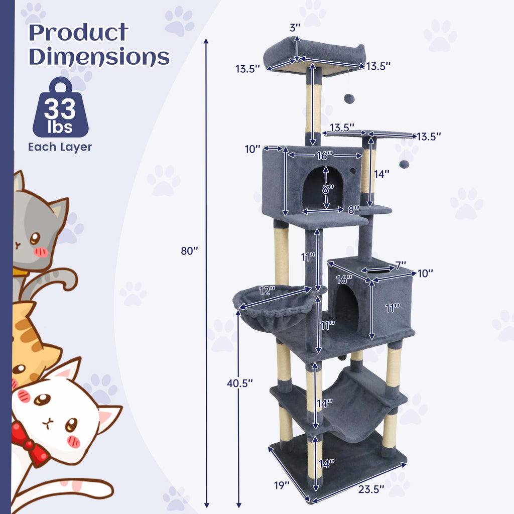 80 Inch Tall Cat Tree with 2 Large Condos, Dangling Toys & Wall Secures - Dark Gray