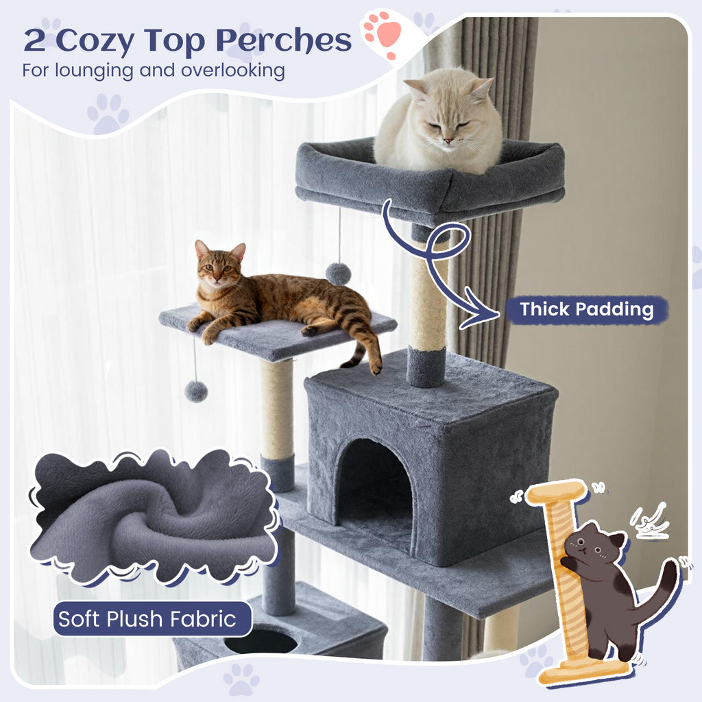 80 Inch Tall Cat Tree with 2 Large Condos, Dangling Toys & Wall Secures - Dark Gray