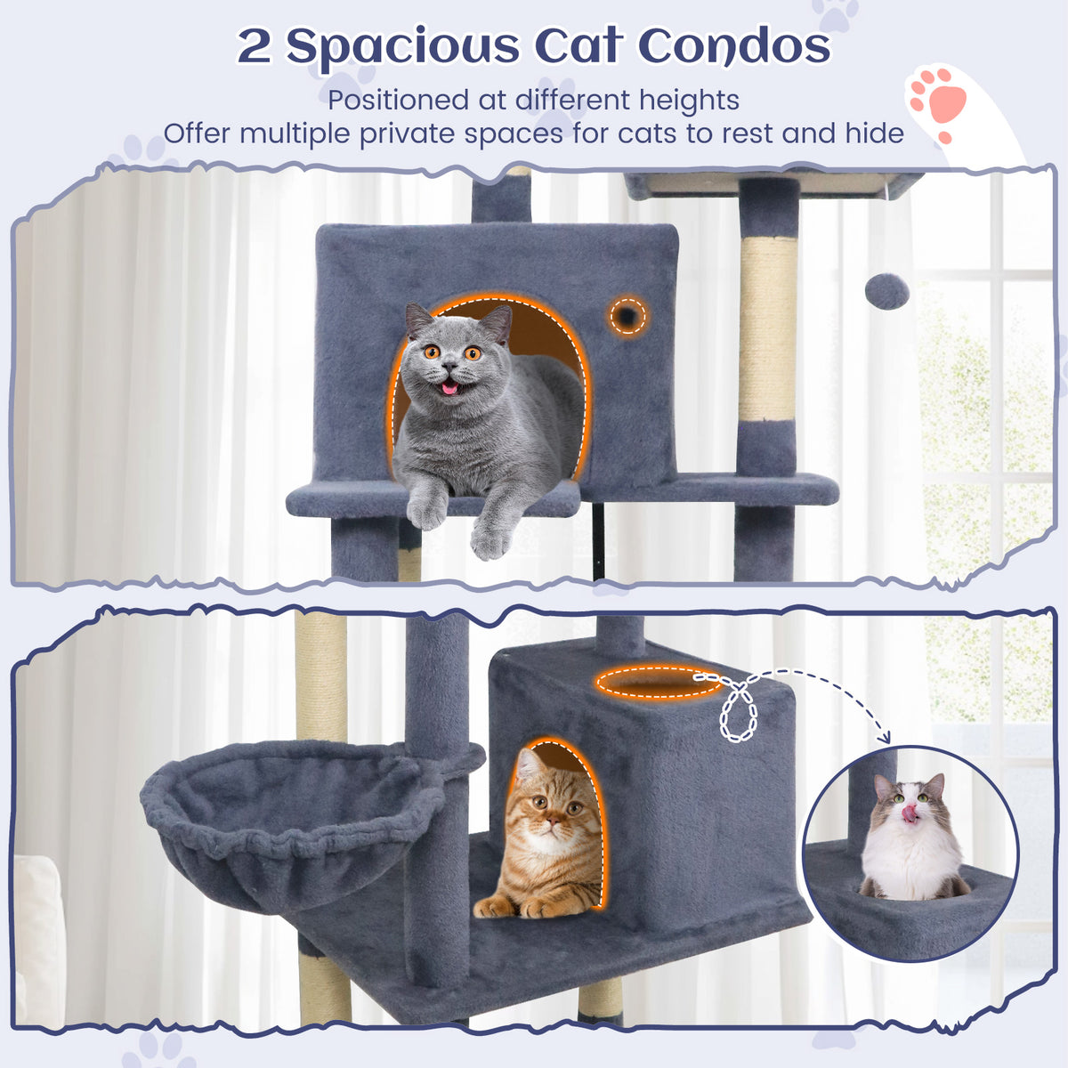 80 Inch Tall Cat Tree with 2 Large Condos, Dangling Toys & Wall Secures - Dark Gray