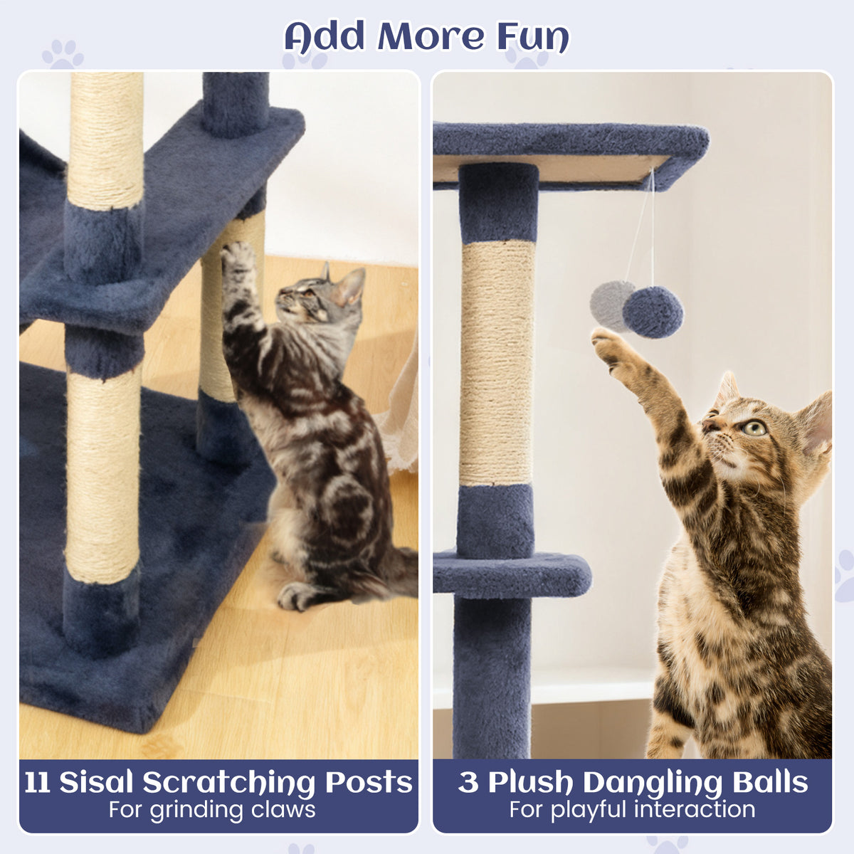 80 Inch Tall Cat Tree with 2 Large Condos, Dangling Toys & Wall Secures - Dark Gray
