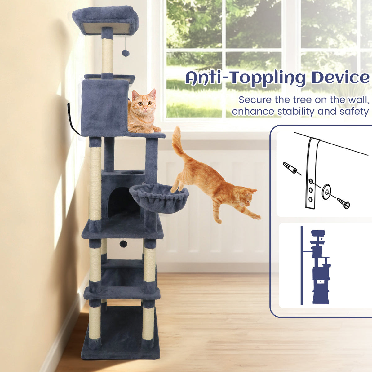 80 Inch Tall Cat Tree with 2 Large Condos, Dangling Toys & Wall Secures - Dark Gray