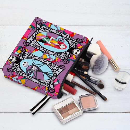 WLWLGLUCK Portable Jack & Sally Themed Makeup Bag, Before Xmas Nightmare Cosmetic Bag, Jack Skellington & Sally Portable Travel Cosmetic Organizer- Cotton & Linen, Water-Resistant, 9.8x7 Inches
