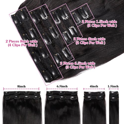 Yaki Straight Clip in 18inch Hair Extensions, 120G Full Head Real Human Hair Clip for Women Seamless Yaki Clip ins Hair Extensions for Thin Hair Natural Black 8Pcs Hair Pieces with Secure Clips