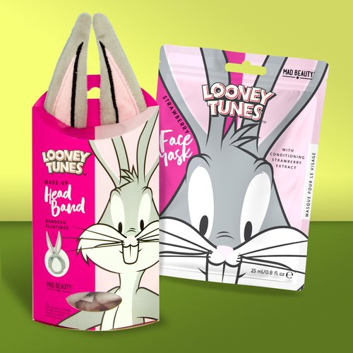 MAD BEAUTY, Warner Bugs Bunny Looney Tunes Headband, Keeps Hair Neatly Tucked Away Out of Face, Strawberry Face Mask, Revitalize Skin for a Glowing Look, Great Gift, Value Pack