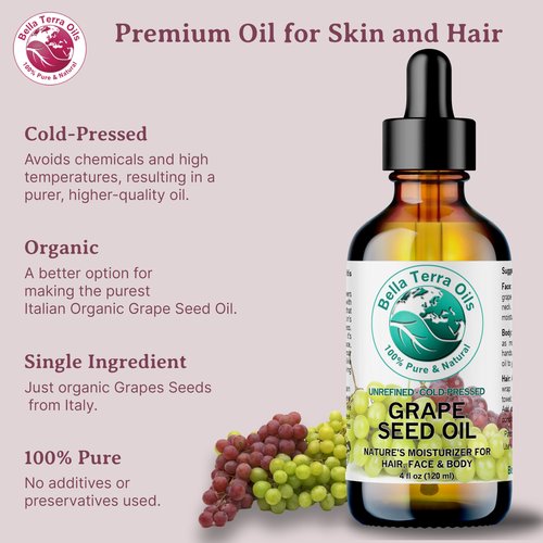 Bella Terra Oils - Organic Grape Seed Oil 16 oz - Celebrate the Essence of Cold-Pressed Organic Grapes, Rich in Vitamin D & Beta-carotene, The Ultimate Skin Nourishing Experience