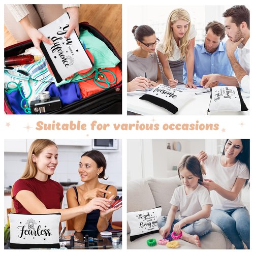 Kajaia 24 Pieces Inspirational Canvas Cosmetic Bags Makeup Bags with Zippers Appreciation Motivational Toiletry Purse Pouches Positive Travel Makeup Pouches for Girl Women Friends, 8 Designs (Elegant)