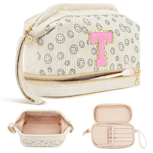 Travel Makeup Bag, Personalized Large Double Layer Make Up Gift Cosmetic Bag for Women, Initials Wide-open Makeup Pouch Organizer Bag for Girls, Roomy Makeup Travel Bags - T