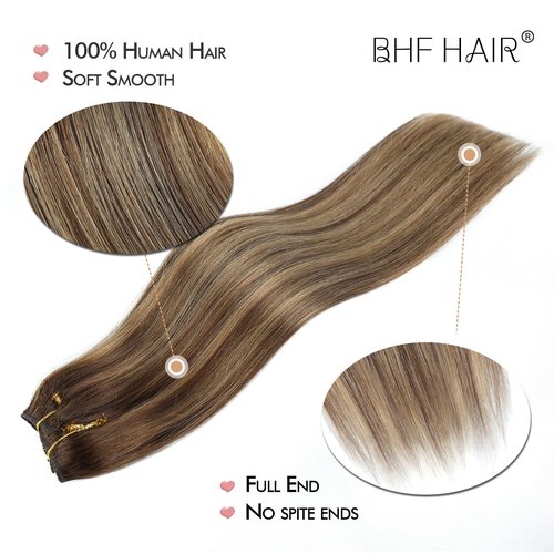 14" Clip in Remy Human Hair Extensions Chocolate Brown to Caramel Blonde Balayage Double Weft Thickness to Ends, 100% Human Hair Extensions for Women, 6 Pieces 70g / 2.45oz.