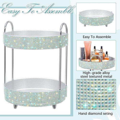 Honeydak 360 Rotating Perfume Organizer Rhinestone Bathroom Counter Organizer Makeup Holder with 2 Tiers Skincare and Perfume Storage, Large Capacity Vanity Storage for Cosmetic Countertop Decor