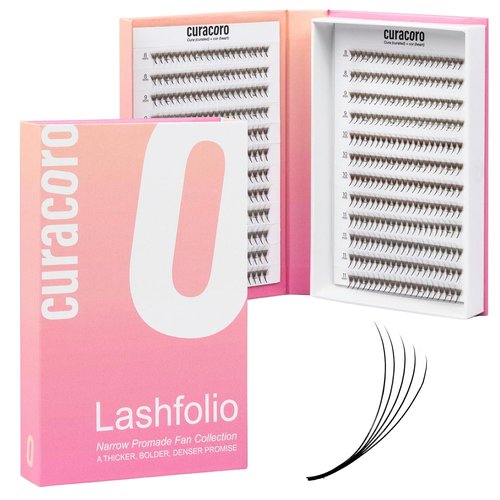 Curacoro LashFolio Narrow Promade Fans, Handmade Volume Eyelashes, 5D~10D, C CC D Curl, Thickness 0.03~0.07mm, 8-15mm Length, Professional Long-Lasting Promade Lash Fans (8D-0.05 CC, 13mm)