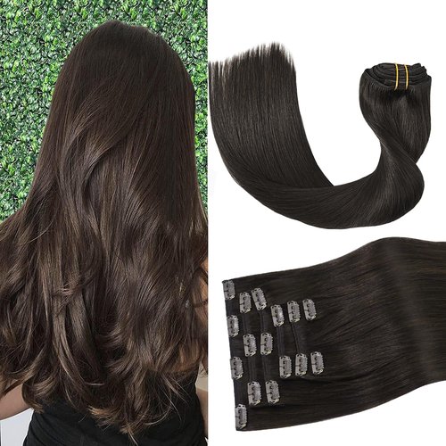 Aison Dark Brown Clip in Hair Extensions Real Human Hair 70G 100% Remy Human Hair Soft Silky Straight for Women 15 Inches 7pcs 16clips