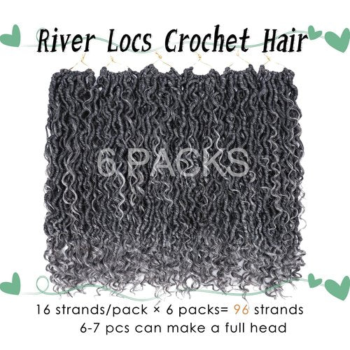 LIYATE Goddess Locs Crochet Hair 18 Inch 6 Packs Faux Locs Gray Crochet Hair for Black Women Pre Looped Soft River Locs Crochet Braids with Curly Hair Bohemian Locs Hair Extensions(T1B/Gray)
