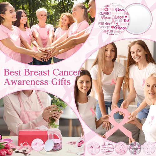 Pinkunn 100 Pcs Breast Cancer Awareness Gifts for Woman Bulk Inspirational Breast Cancer Survivor Gifts Compact Mirrors Pink Ribbon Motivational Mini Pocket Travel Makeup Mirrors (Ribbon)