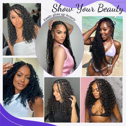 Goddess Box Braids Crochet Hair 14 inch Pure Protein Fiber Close to Human Hair 8 packs Boho Crochet Braids for Black Women Pre looped Bohemian Box Braid with Curly Ends Hair Extensions(14 inch, 1B)