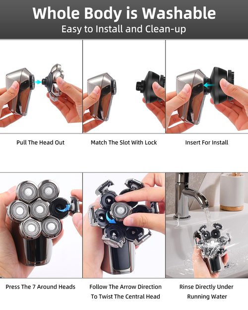 7D Electric Bald Shaver - 5-in-1 Dry/Wet Men's Head Shaver with Led Display & IPX7 Waterproof, Detachable, Rechargeable Razor