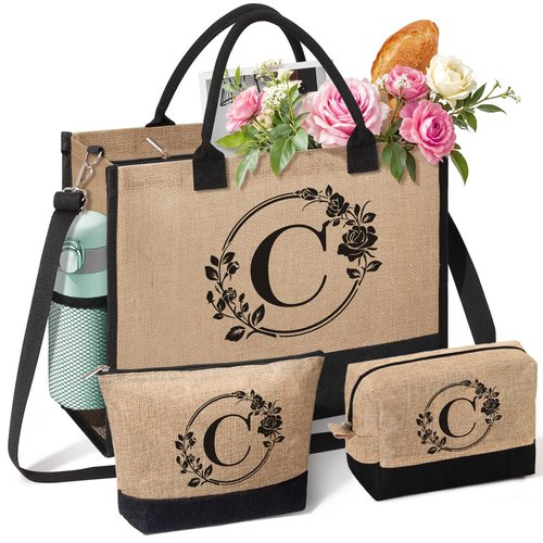 Personalized Gifts for Women, Initial Jute Tote Bag Beach Bag Makeup Bag, Monogrammed Birthday Gifts Tote Bag for Mom Women Her