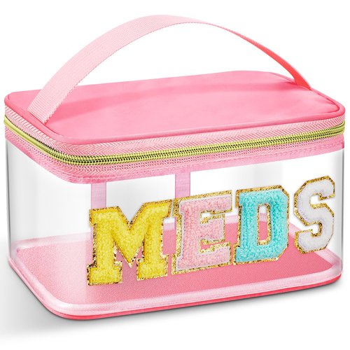 Geetery Chenille Letter Bag, Meds Cheer Travel Cases Cheerleader Gifts Cosmetic Bag Nylon Makeup Portable Preppy Patch with Zipper Toiletry Storage Case for Women(Pink,Meds)