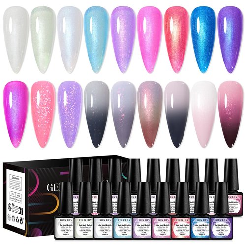 Four Lily 18 Colors Rubber Base Gel Set, Pearlescent Rubber Base Gel Polish for Nails Color Changing Builder Base Nail Gel Brocade 2-in-1 Soak Off Base Gel Nail Strengthener Gifts for Women