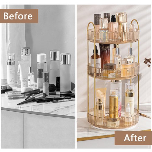 shuang qing Rotating Makeup Organizer for Vanity, High-Capacity Skincare Clear Make Up Storage Perfume Organizers Cosmetic Dresser Organizer Countertop 360 Spinning (Gold, 3 Tier)
