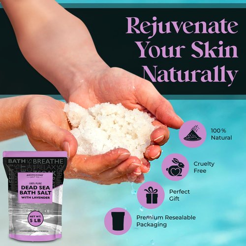 Aromasong Pure Dead Sea Salt for Soaking with 100% Natural Lavender, 5 LB - Spa Bath Salt Fine Grain - Body Wash Scrub - Soak for Women & Men- Bulk Resealable Pack (Packaging May Vary)