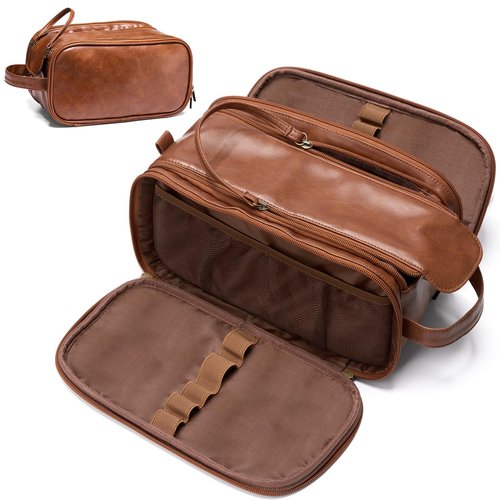 IUI Toiletry Bag for Men - Large Mens Travel Bag Toiletries Organizer- Shaving Bag for Toiletry Bathroom Water-resistant Hanging Dopp Kit PU Leather Cosmetic Bags for Traveling, Brown