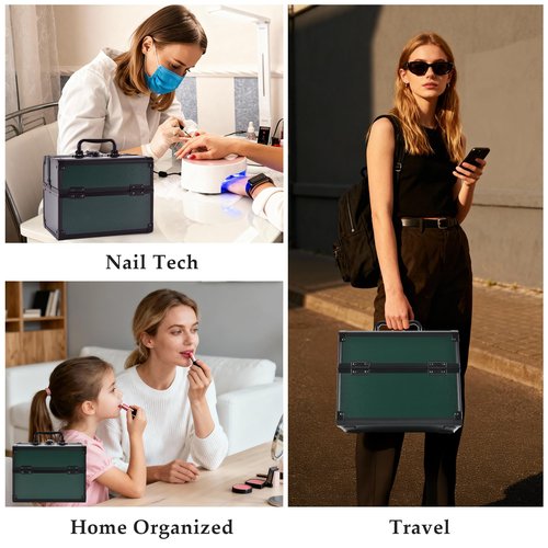 GALHUBIS Makeup Train Case, Portable Makeup Case with Mirror, 2-Trays Cosmetic Organizer Case,Nail Polish Organizer, Travel Makeup Box, Profesional for Salon Barber, Green