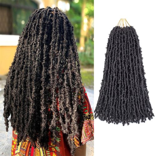 GUOHUI Butterfly Locs Crochet Hair 18 Inch Natural Black 6 Packs All Handmade Pre Looped Soft Distressed Faux Locs Braids for Women Kids (18", 1B)