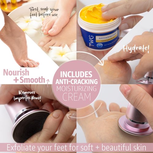 Electric Callus Remover for Feet Rechargeable Foot File Pedicure Tool with Extra Grinding Heads & Moisturizing Cream Professional Foot Care Kit for Dry Cracked Heels and Dead Skin Removal