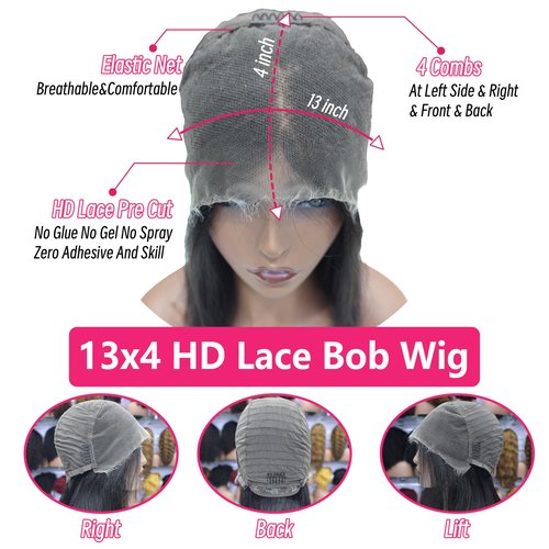 Skinlike HD Lace Closure Human Hair Straight Short Bob Human Hair 13X4 Real 180% Density Wigs For Black Women 0.10mm Ultra-thin Lace Glueless Pre-Plucked With Baby Hair Free Part Wig (18inch)