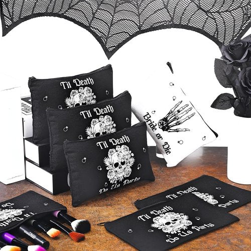 Silkfly 7 Pcs Bride or Die Bachelorette Party Makeup Bag Till Death Cosmetic Bags for Gothic Halloween Bridal Shower Supplies(White, Black)