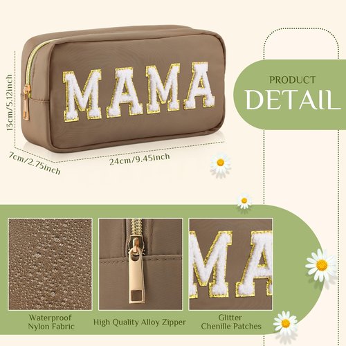 Sanwuta 2 Pieces Mama Gifts Makeup Bag Mom Birthday Gifts Nylon Cosmetic Bag Mothers Day Appreciation Toiletry Preppy Patch Chenille Letter Pouch for Women Her New Mom(Camel, White,Baby and Mama)