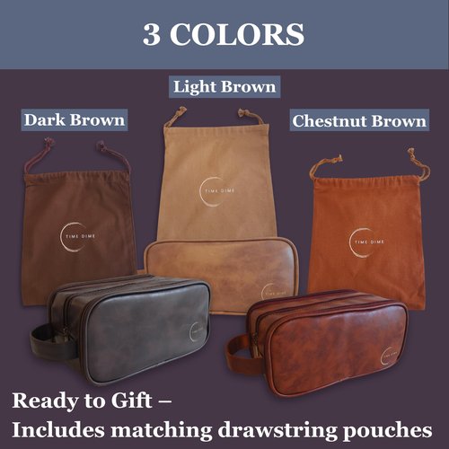 Time Dime Premium Men’s Toiletry Bag with Drawstring Pouch – Durable Water-Resistant Leather-Look Travel Organizer for Shaving, Grooming & Hygiene Essentials (Light Brown)
