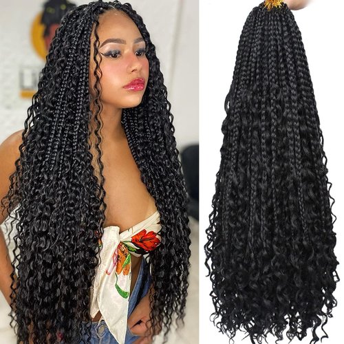 Unionbeauty 30 Inch Boho Box Braids Crochet Hair 8 Packs Boho Goddess Box Braids Crochet Hair for Black Woman Crochet Box Braids with Curly Ends Bohemian Hippie Crochet Braids Hair Extension 1B#