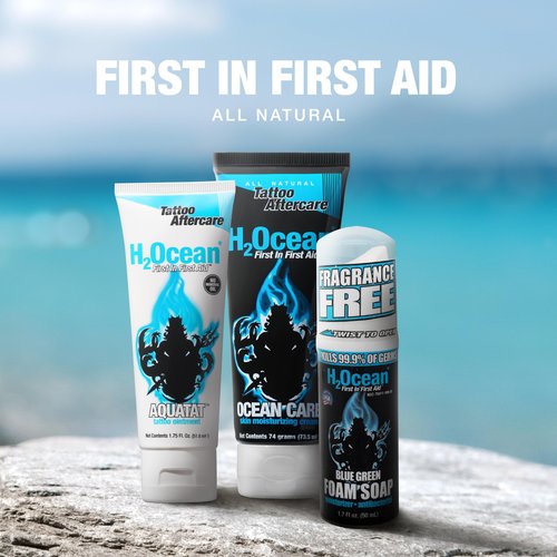H2Ocean Extreme Tattoo Care Kit for Hard to Heal Tattoos - Tattoo Soap, Ointment & Cream for Tattoo Aftercare - 1.7 oz Blue Green Foam Soap, 74 g Ocean Care Moisturizer & 1.75 oz Aquatat Ointment
