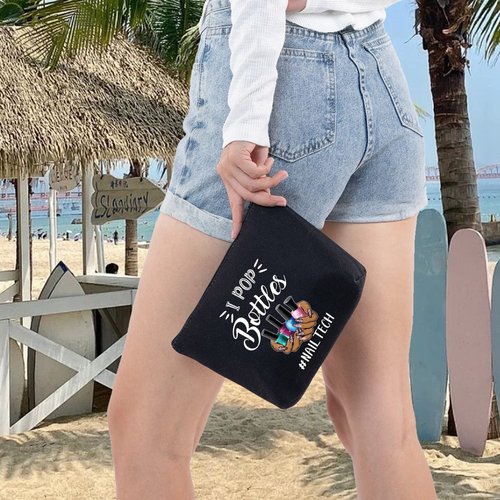 LEVLO Nail Technician Cosmetic Bag Manicurist Nail Tech Gift I Pop Bottles Nail Tech Make up Zipper Pouch Bag Nail Artist Gift (I Pop Bottles Black)