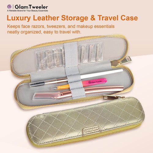 Women's Dermaplane Face & Eyebrow Razor Kit with GlamTweeler Slant Tweezers, Spoolie Brush, and Luxury Leather Storage & Travel Case + 10 Refill Blades (Rose Gold)