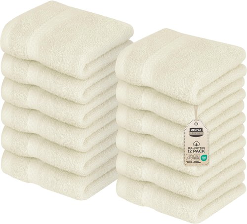 Utopia Towels 12 Pack Premium Wash Cloths Set, 12 by 12 Inches, 100% Cotton Ring Spun, Highly Absorbent and Soft Feel Essential Washcloths for Bathroom, Spa, Gym, and Face, Ivory