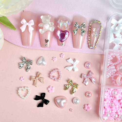 Gold Bow Nail Charms Kit, Cute Pink Flowers Bows 3D Nail Charms for Nails Decoration, White Flatback Pearls Heart Nail Art Jewels for Women Manicure DIY Crafts Accessories