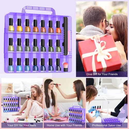 SUBAY 2 Pcs Portable Nail Polish Organizer, Clear Double Side Nail Polish Holder,Gel Nail Storage for 48 Bottles with 6 Adjustable Dividers in Each Side Space Saver Purple